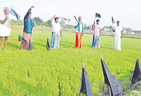 நாகையில் விவசாயிகள் கருப்புகொடி ஏந்தி போராட்டம்