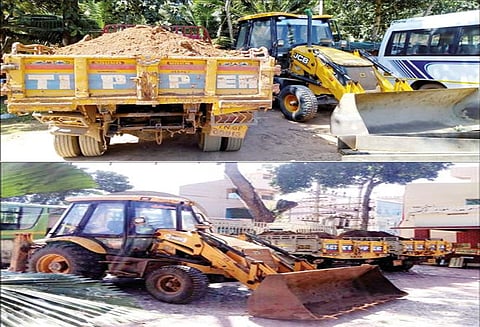 செம்மண் கடத்திய 3 டெம்போ, பொக்லைன் எந்திரங்கள் பறிமுதல்