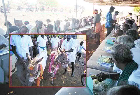 வையம்பட்டி அருகே வினோத நிகழ்ச்சி: மழை வேண்டி கழுதைகளுக்கு திருமணம்