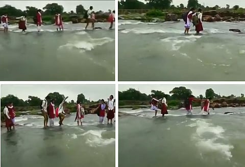 உயிரை பணயம் வைத்து ஓடும் ஆற்றை கடந்து பள்ளி கூடத்திற்கு செல்லும் மாணவ மாணவிகள்