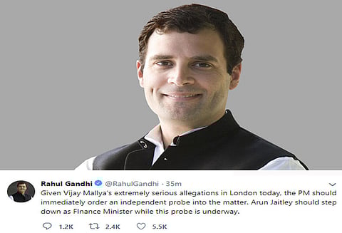 விஜய்மல்லையா- அருண்ஜெட்லி சந்திப்பு: விசாரணைக்கு உத்தரவிட வேண்டும் - ராகுல்காந்தி