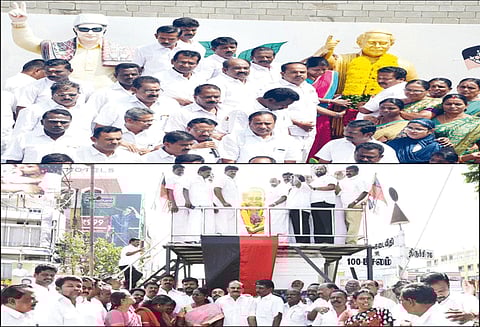 அண்ணா சிலைக்கு அ.தி.மு.க.- தி.மு.க.வினர் மாலை அணிவித்து மரியாதை