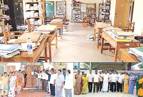 அறநிலையத்துறை அலுவலகத்திற்கு பூட்டு போட்டு பணியாளர்கள் போராட்டம்