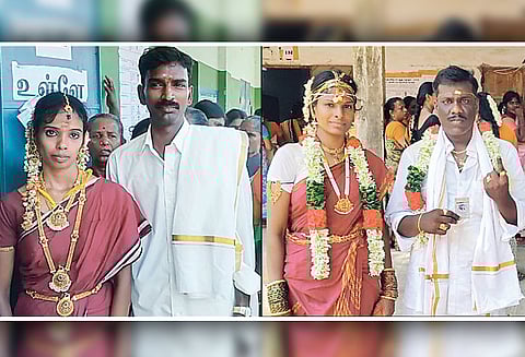 ரிஷிவந்தியம், மேல்மலையனூரில் திருமணக்கோலத்தில் வாக்களித்த புதுமண தம்பதிகள்