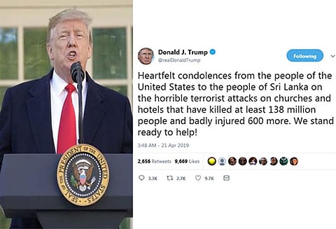 இலங்கை தொடர் குண்டுவெடிப்பு: பலி எண்ணிக்கையை உயர்த்திய டிரம்ப் - டுவிட்டரில் கிண்டல்