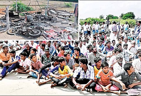 திருவெண்ணெய்நல்லூர் அருகே, இரு தரப்பினரிடையே தகராறு - 4 கடைகள் தீ வைத்து எரிப்பு