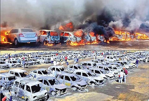 பெங்களூருவில் விமான கண்காட்சி நடைபெற்று வரும் விமானப்படை தளத்தில் பயங்கர தீவிபத்து; 300 கார்கள் எரிந்து சாம்பல்