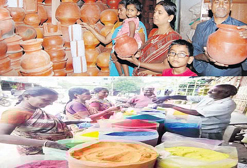 தைப்பொங்கல் பண்டிகையை முன்னிட்டு பானை, அடுப்பு விற்பனை மும்முரம்