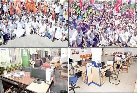 திருப்பூர் மாவட்டத்தில் 2-வது நாளாக வேலை நிறுத்த போராட்டம்: சாலை மறியலில் ஈடுபட்ட 1,120 பேர் கைது - அரசு அலுவலகங்களில் பணிகள் பாதிப்பு