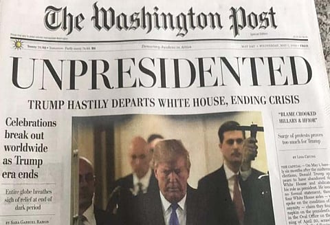 டொனால்டு டிரம்ப் ராஜினாமா உலகெங்கிலும் கொண்டாட்டம் வாஷிங்டன் போஸ்ட் போலி பதிப்பால் பரபரப்பு