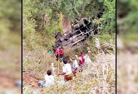 போடிமெட்டு மலைப்பாதையில் 800 அடி பள்ளத்தில் பாய்ந்த லாரி - டிரைவர் படுகாயம்