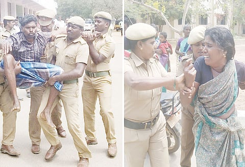 மக்கள் குறைதீர்க்கும் நாள் கூட்டத்தில் குடும்பத்துடன் தீக்குளிக்க முயன்ற கோவில் பூசாரியால் பரபரப்பு