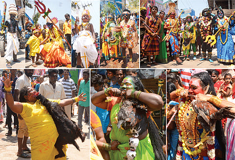 வேலூரில் கோலாகலம் மயானக் கொள்ளை விழாவில் 40 அடி உயரமுள்ள தேர்கள் பவனி ஆடு, கோழிகளையும் கடித்தவாறு பக்தர்கள் ஊர்வலம்