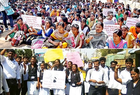 பெண்கள் பாலியல் வன்கொடுமைக்கு கண்டனம் - தர்மபுரி, கிருஷ்ணகிரியில் மாணவ, மாணவிகள் போராட்டம் - ஊர்வலம்