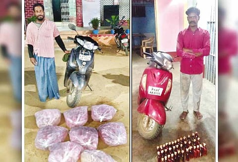 மயிலாடுதுறை பகுதியில், சாராயம்-மதுபாட்டில்கள் கடத்திய 2 பேர் கைது - மோட்டார்சைக்கிள்கள் பறிமுதல்