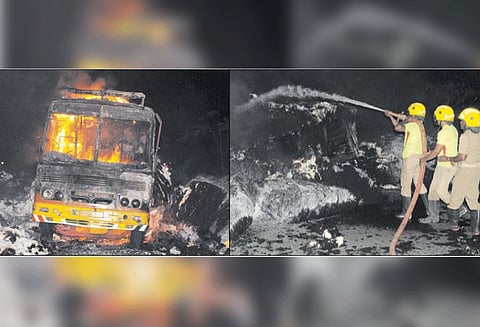 ராசிபுரம் அருகே லாரி தீப்பிடித்து எரிந்ததால் பரபரப்பு 12 டன் பஞ்சு பேல்கள் நாசம்