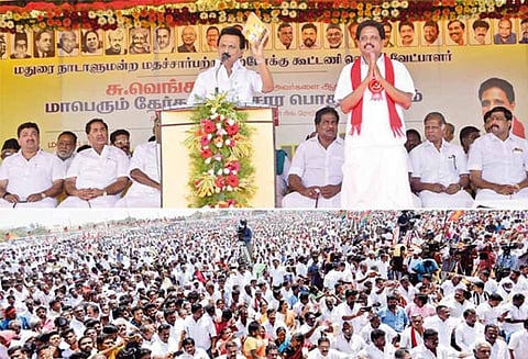 மத்தியில் தி.மு.க. பங்குடன் ஆட்சி அமையும், மதுரையில் மெட்ரோ ரெயில் சேவை, ஐ.ஐ.டி. தொடங்கப்படும் - பிரசார கூட்டத்தில் மு.க.ஸ்டாலின் பேச்சு