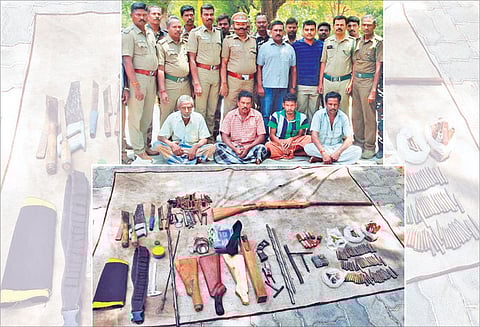 துப்பாக்கி, தோட்டாக்கள் பறிமுதல் வனவிலங்குகளை வேட்டையாடிய 4 பேர் கைது ஓட்டல்களுக்கு இறைச்சி விற்றது அம்பலம்