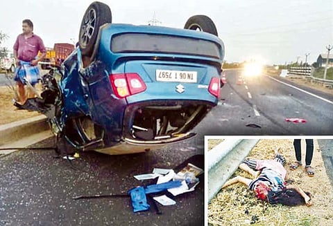 தஞ்சை அருகே பரிதாபம், டயர் வெடித்ததில் கார் கவிழ்ந்து என்ஜினீயரிங் மாணவி பலி