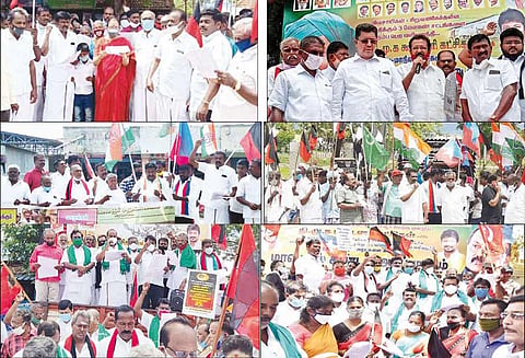 வேளாண் மசோதாக்களுக்கு எதிர்ப்பு: தி.மு.க. கூட்டணி கட்சியினர் ஆர்ப்பாட்டம்