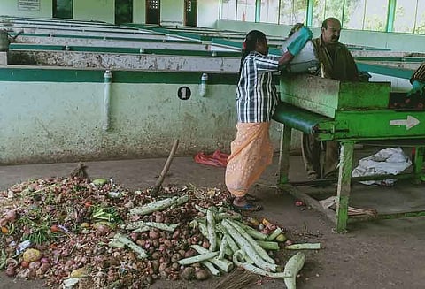 காய்கறி கழிவுகளில் இருந்து உரம் தயாரிக்கும் பணி