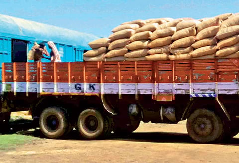 ரேஷன் கடைகளுக்கு வினியோகம் செய்வதற்காக ரெயில் மூலம் மானாமதுரைக்கு வந்த நெல் மூடைகள்