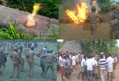 கதிராமங்கலத்தில் வயலில் ஓஎன்ஜிசி குழாய் உடைப்பு பகுதியில் தீ வைக்கப்பட்டதால் பதற்றம்