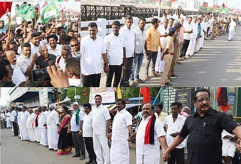 ‘நீட்’ தேர்வில் இருந்து தமிழகத்துக்கு விலக்கு அளிக்கக்கோரி கடலூரில், தி.மு.க. சார்பில் மனித சங்கிலி போராட்டம்