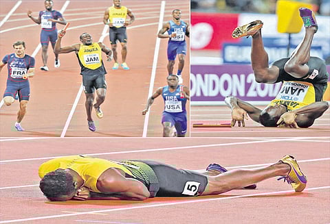 தொடர் ஓட்டத்தின் போது காயத்தால் மைதானத்தில் தடுமாறி விழுந்தார் உசேன் போல்ட்