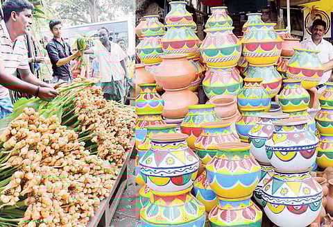 பொங்கல் விழாவை முன்னிட்டு பானைகள் - கரும்புகள் விற்பனை படுஜோர்