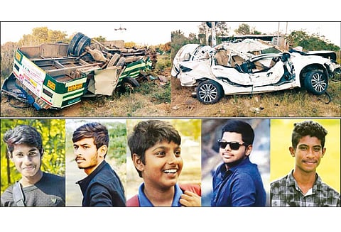 பஸ்-கார் மோதல்: மாணவர்கள் உள்பட 6 பேர் பலி