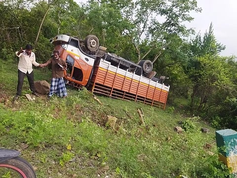 தாளவாடி அருகே சரக்கு வேன் கவிழ்ந்து விபத்து டிரைவர் காயம்