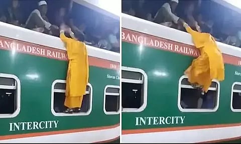 கூட்ட நெரிசலில் ரெயிலின் மேற் கூரையில் ஏற முயன்ற பெண்ணால் பரபரப்பு