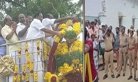 பூலித்தேவன் சிலைக்கு அதிமுக முன்னாள் அமைச்சர்கள் மரியாதை - எதிர்ப்பு தெரிவித்து தம்பதியினர் கோஷம்..!