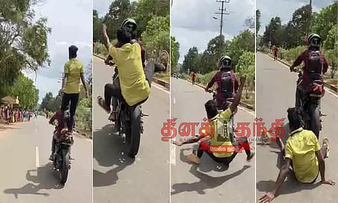 மோட்டார்சைக்கிளில் சாகசம் செய்ய முயன்று தவறி விழுந்த வாலிபர் காயம்