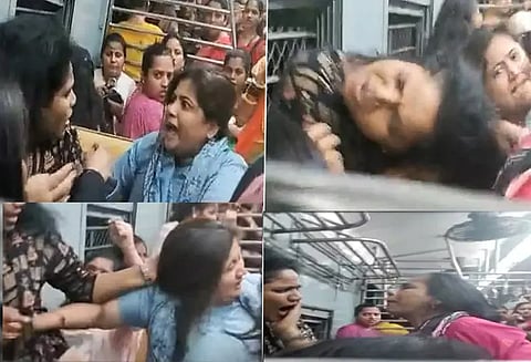 இருக்கைக்காக ஓடும் ரெயிலில் தலைமுடியை பிடித்து சண்டை பெண் போலீஸ் உள்பட 3 பெண்கள் காயம்