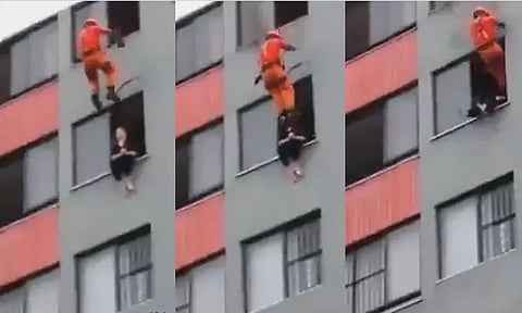 என்ன உதை...!! தற்கொலைக்கு முயன்ற பெண்ணை வினோத முறையில் காப்பாற்றிய வீரர்