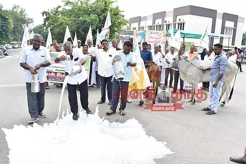 பாலை கீழே கொட்டி உற்பத்தியாளர்கள் ஆர்ப்பாட்டம்