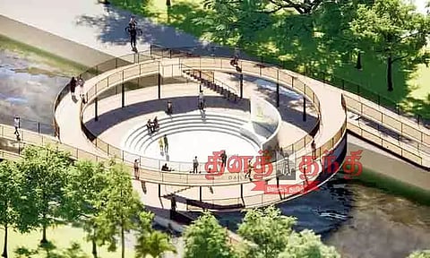 உய்யகொண்டான் வாய்க்காலில் நீருக்கு மேலே ஈரடுக்கு நடைபயிற்சி ரவுண்டானா