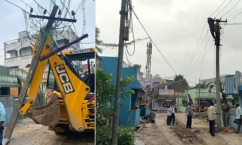 பொக்லைன் எந்திரம் மீது மின் கம்பம் சாய்ந்தது