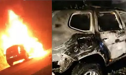 இ்டுக்கியில் தீப்பிடித்து எரிந்த கார் - அய்யப்ப பக்தர்கள் 5 பேர் உயிர் தப்பினர்