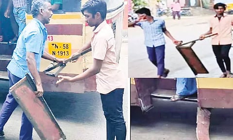 அரசு டவுன் பஸ் படிக்கட்டு திடீரென உடைந்து விழுந்ததால் பரபரப்பு