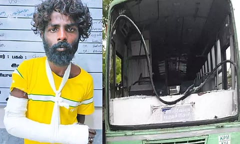 மோட்டார் சைக்கிளுக்கு வழிவிடாததால் ஆத்திரம்: பட்டா கத்தியால் அரசு பஸ் கண்ணாடி உடைப்பு; 3 பேர் கைது