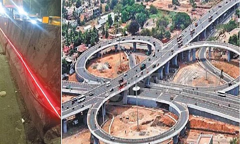 வாகனங்கள் இறங்கும்போது விபத்துகளை தவிர்க்க கத்திப்பாரா மேம்பாலத்தில் சிவப்பு நிற மின்விளக்குகள்