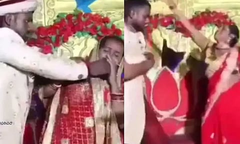 மணமேடையில் வைத்தே ஒருவரை ஒருவர் தாக்கி சண்டை போட்டுக்கொண்ட மணமக்கள்