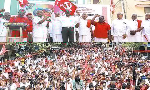 கவர்னரை திரும்ப பெற வலியுறுத்தி இந்திய கம்யூனிஸ்டு கட்சியினர் ஆர்ப்பாட்டம்; டி.ராஜா, முத்தரசன் கைது
