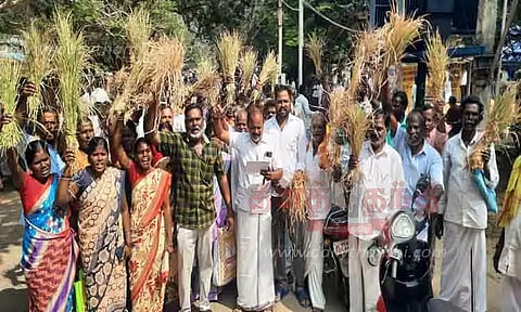 காய்ந்த நெற்பயிர்களுடன் வந்து கலெக்டரிடம் மனு அளித்த விவசாயிகள்