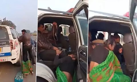 போலீசார் காலை பிடித்து கொண்டு ஜீப்பில் தொத்திக்கொண்ட பெண்கள்