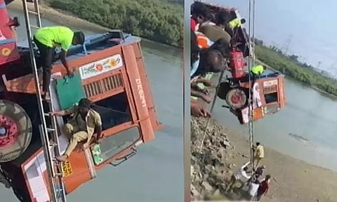 மேம்பாலத்தில் அந்தரத்தில் தொங்கிய கண்டெய்னர் லாரி...! அதிர்ஷ்டவசமாக உயிர் தப்பிய டிரைவர்...!