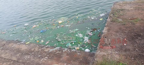 ஹரித்ராநதி தெப்பக்குளக்கரையில் குவிந்திருக்கும் பிளாஸ்டிக் கழிவுகள்